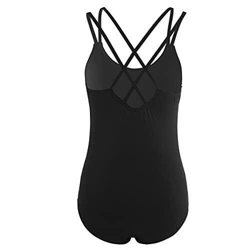 IEFIEL Maillot Ballet Mujer De Tirantes Maillot Elástico de Gimnasia Ritmica Body Ajustado de Danza Clásica Leotardo Baile Ballet para Chicas Negro XS