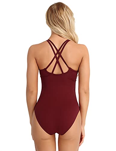 IEFIEL Maillot Ballet Mujer De Tirantes Maillot Elástico de Gimnasia Ritmica Body Ajustado de Danza Clásica Leotardo Baile Ballet para Chicas Vino S