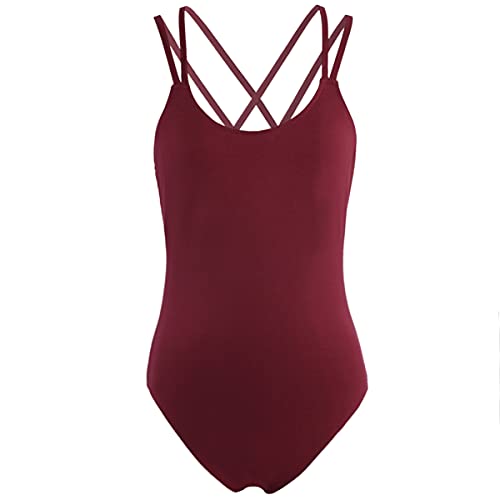 IEFIEL Maillot Ballet Mujer De Tirantes Maillot Elástico de Gimnasia Ritmica Body Ajustado de Danza Clásica Leotardo Baile Ballet para Chicas Vino S