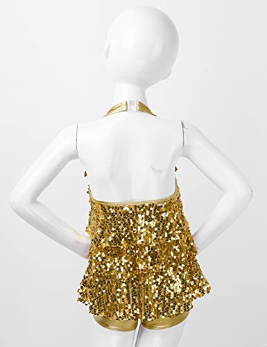 IEFIEL Maillot de Danza Ballet para Niña Maillot Lentejueas de Patinaje Artistico Mono Elástico de Gimnasia Ritmica Disfraz Bailarina Niña Dorado 11-12 años