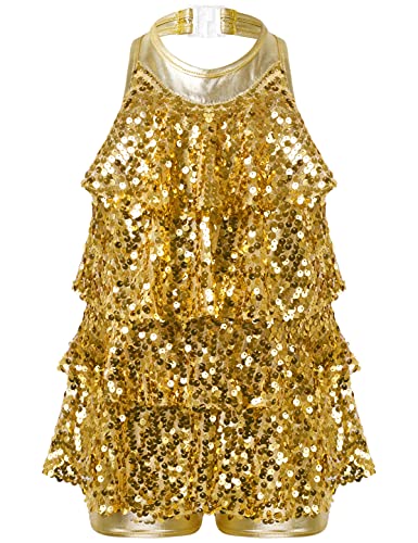 IEFIEL Maillot de Danza Ballet para Niña Maillot Lentejueas de Patinaje Artistico Mono Elástico de Gimnasia Ritmica Disfraz Bailarina Niña Dorado 7-8 años