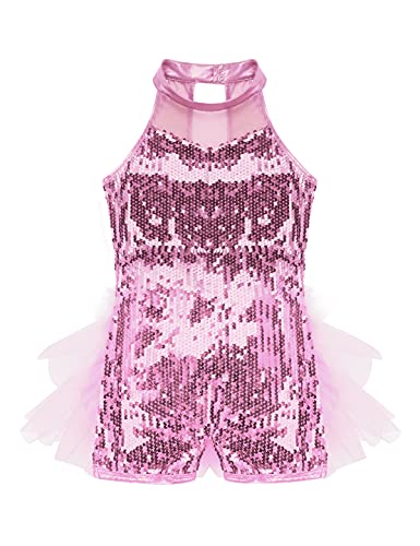 IEFIEL Maillot de Danza Ballet para Niña Maillot Lentejuelas de Patinaje Artistico Mono Elástico de Ginasia Ritmica Disfraz de Bailarina Leotardo Rosa 6-7 años