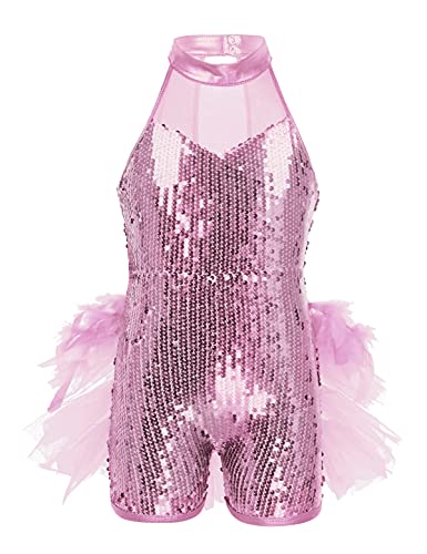 IEFIEL Maillot de Danza Ballet para Niña Maillot Lentejuelas de Patinaje Artistico Mono Elástico de Ginasia Ritmica Disfraz de Bailarina Leotardo Rosa 6-7 años