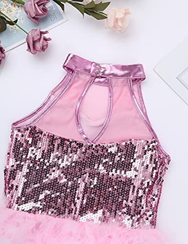 IEFIEL Maillot de Danza Ballet para Niña Maillot Lentejuelas de Patinaje Artistico Mono Elástico de Ginasia Ritmica Disfraz de Bailarina Leotardo Rosa 6-7 años