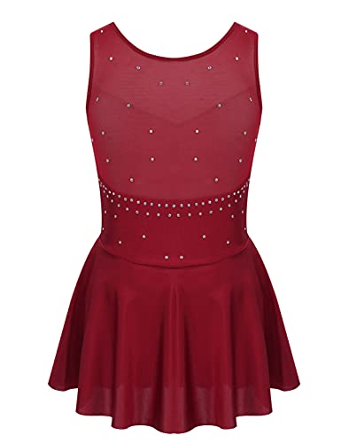 IEFIEL Maillot de Danza Ballet para Niña Vestido Brillante de Gimnasia Ritmica Niña Sin Manga Vestido de Patinaje Artistico Disfraz Bailarina Niña Rojo Vino 10 años