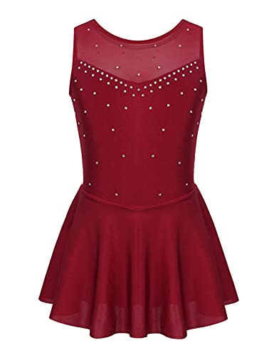 IEFIEL Maillot de Danza Ballet para Niña Vestido Brillante de Gimnasia Ritmica Niña Sin Manga Vestido de Patinaje Artistico Disfraz Bailarina Niña Rojo Vino 10 años