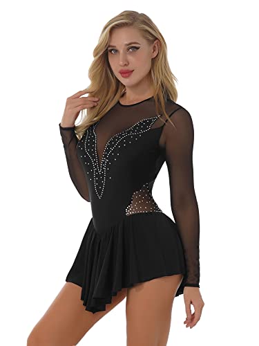 IEFIEL Maillot Manga Larga de Patinaje Artistico para Mujer Maillot Elegante de Gimnasia Ritmica Vestido de Danza Ballet Disfraz Bailarina Mujer B Negro XL