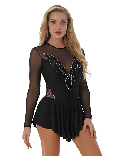 IEFIEL Maillot Manga Larga de Patinaje Artistico para Mujer Maillot Elegante de Gimnasia Ritmica Vestido de Danza Ballet Disfraz Bailarina Mujer B Negro XL