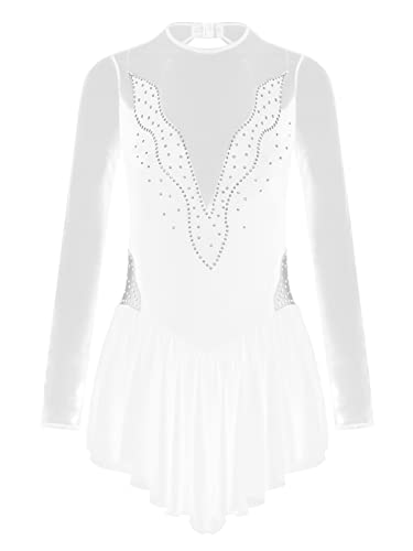 IEFIEL Maillot Manga Larga de Patinaje Artistico para Mujer Maillot Elegante de Gimnasia Ritmica Vestido de Danza Ballet Disfraz Bailarina Mujer C Blanco M