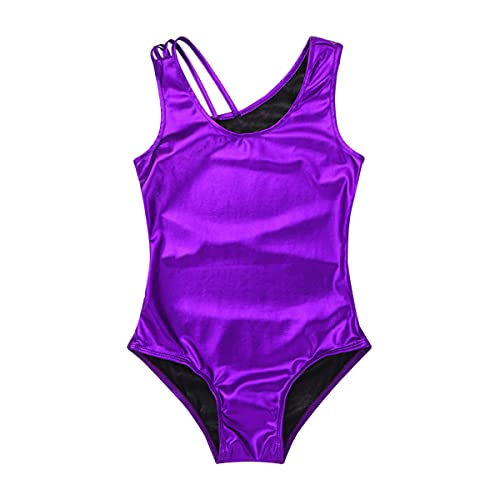 IEFIEL Maillot Metalico de Gimnasia Ritmica Maillot Elástico Sin Manga de Patinaje Artistico Body de Danza Ballet Disfraz Bailaarina Niña Morado 7-8 años