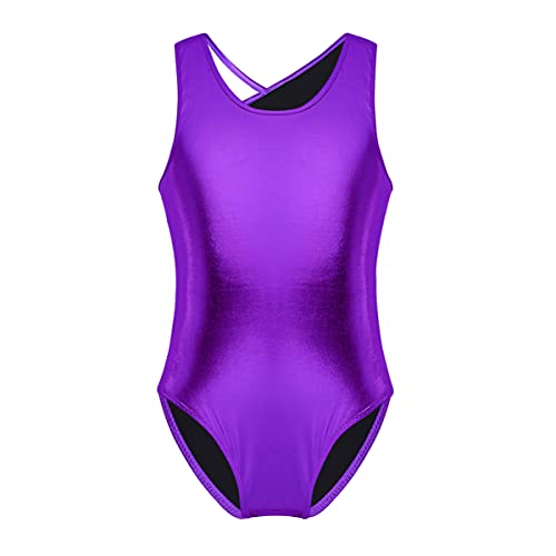 IEFIEL Maillot Metalico de Gimnasia Ritmica Maillot Elástico Sin Manga de Patinaje Artistico Body de Danza Ballet Disfraz Bailaarina Niña Morado 7-8 años