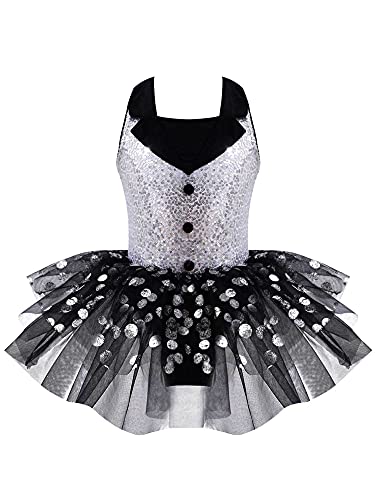 IEFIEL Vestido de Danza Ballet para Niña Maillot Lentejuelas Tutú de Patinaje Artistico Vestido Sin Manga de Danza Clásica Disfraz Bailarina Niña V Negro 9-10 años