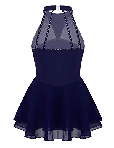 IEFIEL Vestido de Patinaje Artístico sobre Hielo para Niña Vestido de Danza Ballet sin Mangas Maillot Gimnasia Ritmica con Falda Azul Navy 10 años