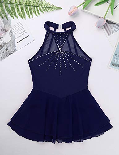 IEFIEL Vestido de Patinaje Artístico sobre Hielo para Niña Vestido de Danza Ballet sin Mangas Maillot Gimnasia Ritmica con Falda Azul Navy 10 años