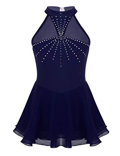 IEFIEL Vestido de Patinaje Artístico sobre Hielo para Niña Vestido de Danza Ballet sin Mangas Maillot Gimnasia Ritmica con Falda Azul Navy 10 años