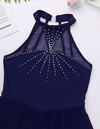 IEFIEL Vestido de Patinaje Artístico sobre Hielo para Niña Vestido de Danza Ballet sin Mangas Maillot Gimnasia Ritmica con Falda Azul Navy 10 años