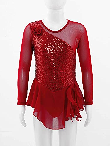 IEFIEL Vestido Lentejuelas de Danza Ballet Niña Maillot Patinaje Artistico Niña Manga Larga Disfraz de Bailarina Niña Vestido Danza Latina Niña W Rojo 8 años