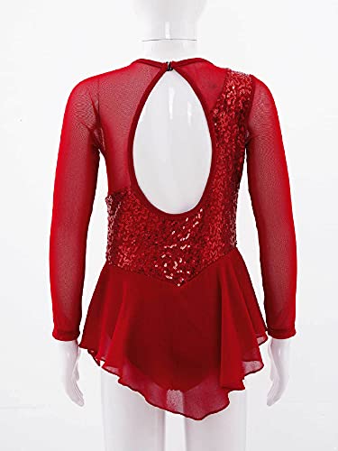 IEFIEL Vestido Lentejuelas de Danza Ballet Niña Maillot Patinaje Artistico Niña Manga Larga Disfraz de Bailarina Niña Vestido Danza Latina Niña W Rojo 8 años