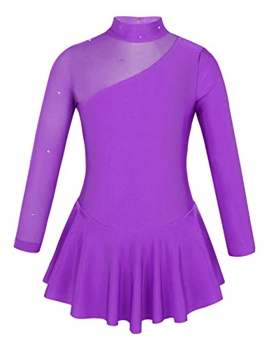 IEFIEL Vestido Manga Larga de Patinaje Artistico para Niña Vestido Lentejuela de Gimnasia Ritmica Vestido Princesa de Danza Ballet Niña 4-14 años A Morado 6 años