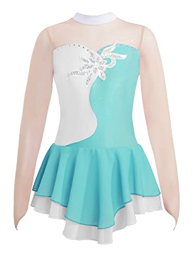 IEFIEL Vestido Manga Larga de Patinaje Artistico para Niña Vestido Lentejuela de Gimnasia Ritmica Vestido Princesa de Danza Ballet Niña 4-14 años V Azul 9-10 años