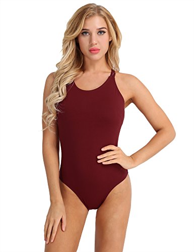 iiniim Maillot Baile Espalda Cruzada Transparente Malla Vestido de Danza Ballet Mujer Leotardo de Gimnasia Clásico Body Adulto Mono sin Mangas Bodysuit para Fiesta Actuación Vino Rojo M