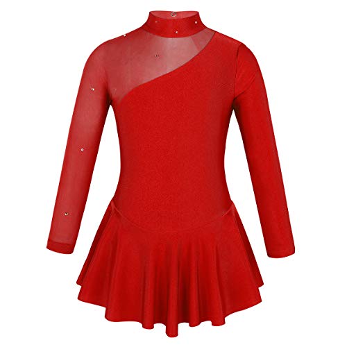 iiniim Maillot Ballet Niña Vestido de Danza Patinaje Artistico sobre Hielo para Niña Manga Larga Tutu Disfraz Bailarina Body de Danza Fiesta Baile Vestido de Princesa Rojo 8 años