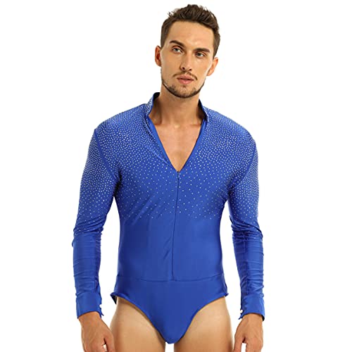 iiniim Maillots de Danza para Hombre Body Lentejuelas de Baile Danza Fiesta Leotardo Gimnasia Manga Larga Camisa Camiseta Disfraz de Ballet Actuacion Azul M