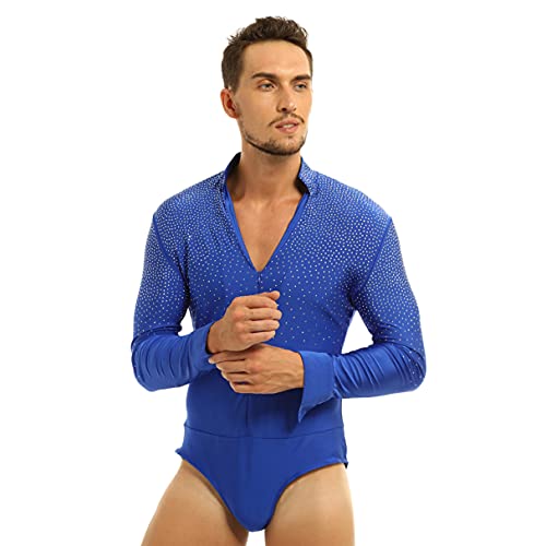 iiniim Maillots de Danza para Hombre Body Lentejuelas de Baile Danza Fiesta Leotardo Gimnasia Manga Larga Camisa Camiseta Disfraz de Ballet Actuacion Azul M