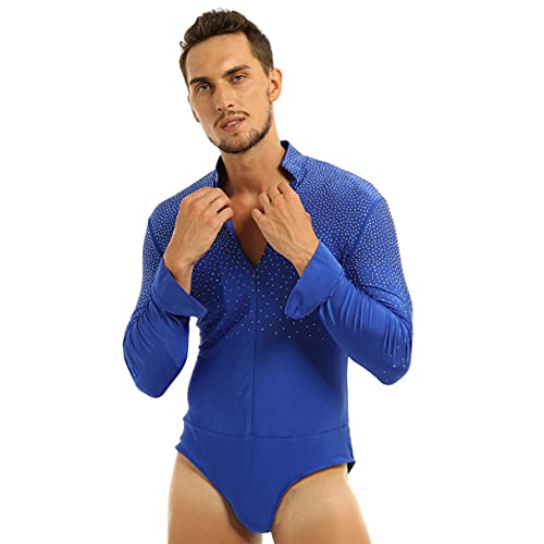 iiniim Maillots de Danza para Hombre Body Lentejuelas de Baile Danza Fiesta Leotardo Gimnasia Manga Larga Camisa Camiseta Disfraz de Ballet Actuacion Azul M