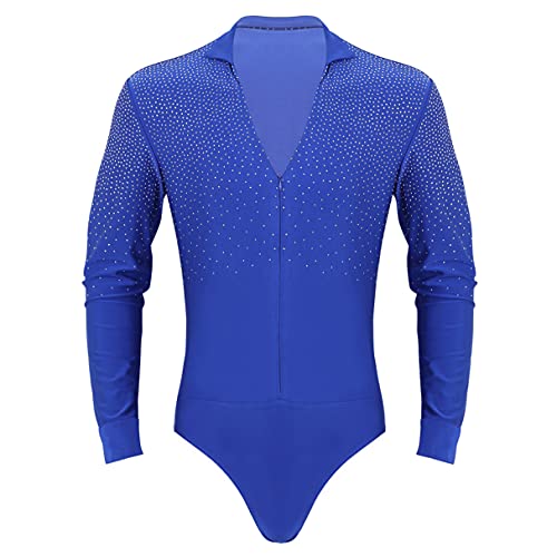 iiniim Maillots de Danza para Hombre Body Lentejuelas de Baile Danza Fiesta Leotardo Gimnasia Manga Larga Camisa Camiseta Disfraz de Ballet Actuacion Azul M