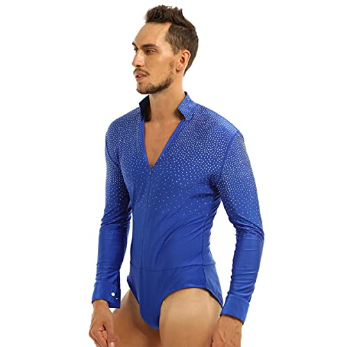 iiniim Maillots de Danza para Hombre Body Lentejuelas de Baile Danza Fiesta Leotardo Gimnasia Manga Larga Camisa Camiseta Disfraz de Ballet Actuacion Azul M