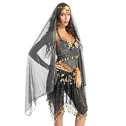 iiniim Mujer Danza del Vientre de Bollywood Profesional Conjunto de Vestuario Danza India Top Cuello Halter con Falda Lentejuelas Árabe Carnaval Halloween Actuación Traje Negro Talla Única