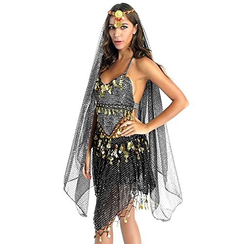 iiniim Mujer Danza del Vientre de Bollywood Profesional Conjunto de Vestuario Danza India Top Cuello Halter con Falda Lentejuelas Árabe Carnaval Halloween Actuación Traje Negro Talla Única