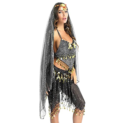 iiniim Mujer Danza del Vientre de Bollywood Profesional Conjunto de Vestuario Danza India Top Cuello Halter con Falda Lentejuelas Árabe Carnaval Halloween Actuación Traje Negro Talla Única