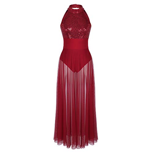 iiniim Vestido Lentejuelas de Danza Baile Mujer Body de Fiesta Actuación Maillot Ballet sin Manga Vestido Largo Leotardo Falda Malla Gimnasia Ritmica Traje de Danza Moderna Elegante Rojo L