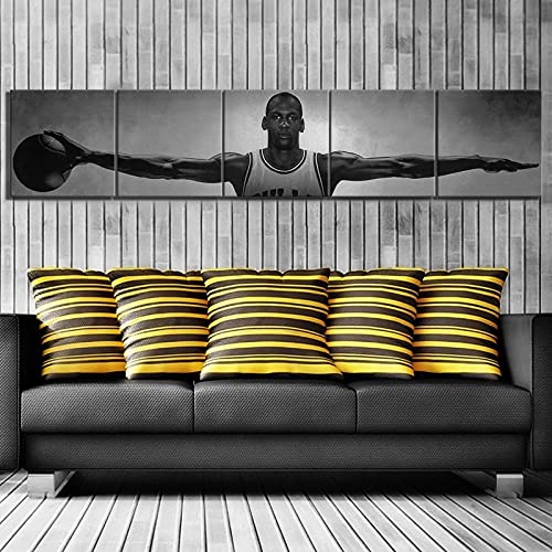 Impresión De Lienzo 5 Paneles Cuadros Piezas Pintura,Sala Estar Decoración,Modular Póster,Mural Abstracto,Regalo Cumpleaños,Michael Jordan, jugador de baloncesto, superestrella,250cm×50cm,Con Marco