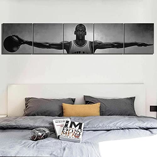 Impresión De Lienzo 5 Paneles Cuadros Piezas Pintura,Sala Estar Decoración,Modular Póster,Mural Abstracto,Regalo Cumpleaños,Michael Jordan, jugador de baloncesto, superestrella,250cm×50cm,Con Marco