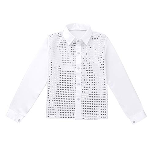 inhzoy Camisa de Baile Latino para Niño Top de Danza Lentejuelas Manga Larga Ropa de Baile de Salón Traje de Danza Jazz Disfraz Dancewear Blanco 7-8 Años