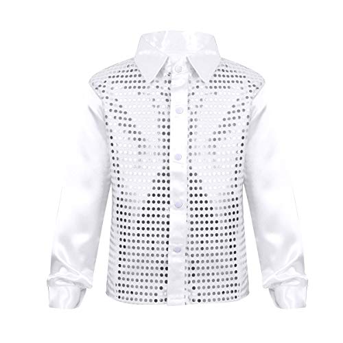 inhzoy Camisa de Baile Latino para Niño Top de Danza Lentejuelas Manga Larga Ropa de Baile de Salón Traje de Danza Jazz Disfraz Dancewear Blanco 7-8 Años