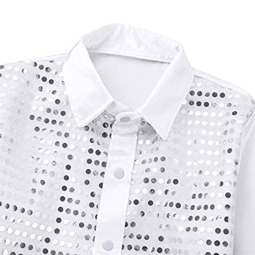 inhzoy Camisa de Baile Latino para Niño Top de Danza Lentejuelas Manga Larga Ropa de Baile de Salón Traje de Danza Jazz Disfraz Dancewear Blanco 7-8 Años