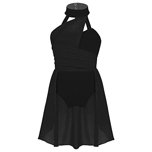 inhzoy Maillot de Ballet con Falda para Niña Vestido de Danza Clásica Gasa Leotardo de Gimnasia Rítmica Patinaje Cuello Halter Disfraz Bailarina Negro 14 Años