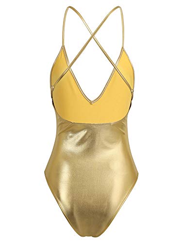 inhzoy Maillot de Danza Ballet Cuero para Mujer Brillante Body Correas Cruzadas Elástico Leotardo de Gimnasia Rítmica Disfraz de Bailarina Actuación Dorado M