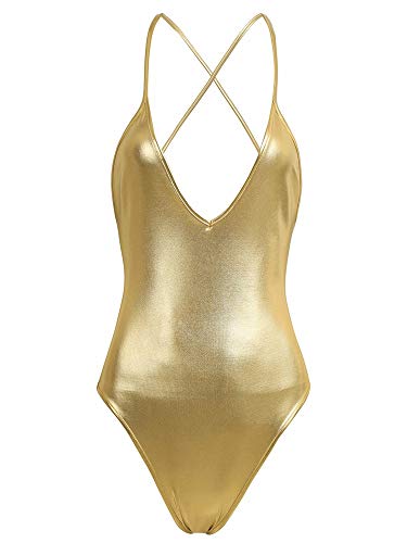 inhzoy Maillot de Danza Ballet Cuero para Mujer Brillante Body Correas Cruzadas Elástico Leotardo de Gimnasia Rítmica Disfraz de Bailarina Actuación Dorado M