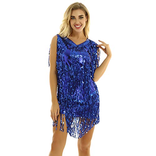 inhzoy Vestido de Baile Latino Lentejuelas para Mujer Vestido de Rumba Tango Salsa Samba Flecos Traje de Baile de Salón Disfraz de Fiesta Dancewear Azul M