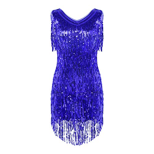 inhzoy Vestido de Baile Latino Lentejuelas para Mujer Vestido de Rumba Tango Salsa Samba Flecos Traje de Baile de Salón Disfraz de Fiesta Dancewear Azul M