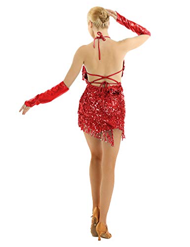 inhzoy Vestido de Baile Latino Lentejuelas y Borlas para Mujer Traje Baile de Salón Tango Salsa Rumba Cuello Halter Vestido Flecos Bailarina Dancewear Rojo Talla Única