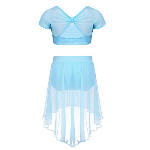 inhzoy Vestido de Danza Lírica para Niña Maillot de Ballet Patinaje Artístico Disfraz de Bailarina Crop Top Manga Corta con Falda Vestido Baile de Salón Cielo Azul 8 años