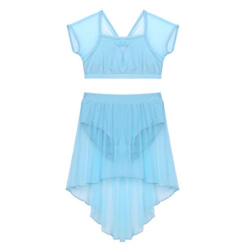 inhzoy Vestido de Danza Lírica para Niña Maillot de Ballet Patinaje Artístico Disfraz de Bailarina Crop Top Manga Corta con Falda Vestido Baile de Salón Cielo Azul 8 años