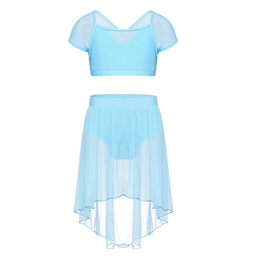 inhzoy Vestido de Danza Lírica para Niña Maillot de Ballet Patinaje Artístico Disfraz de Bailarina Crop Top Manga Corta con Falda Vestido Baile de Salón Cielo Azul 8 años