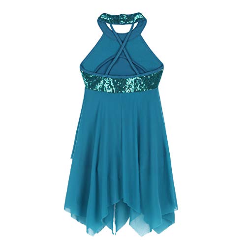 inhzoy Vestido de Danza Moderna Lentejuelas para Niña Cuello Halter Maillot de Ballet Falda Correas Cruzadas Vestido de Danza Lírica Contemporánea Turquesa 8 Años